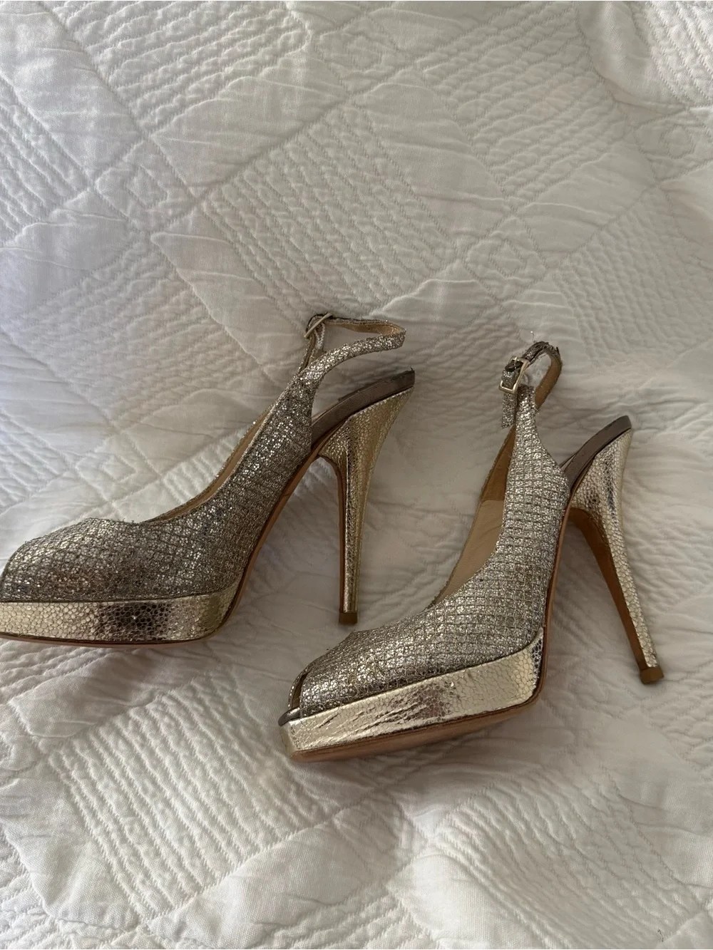 Jimmy Choo Nova Silver Metallic Gold Glitter Slingback Platform Heels EU 35